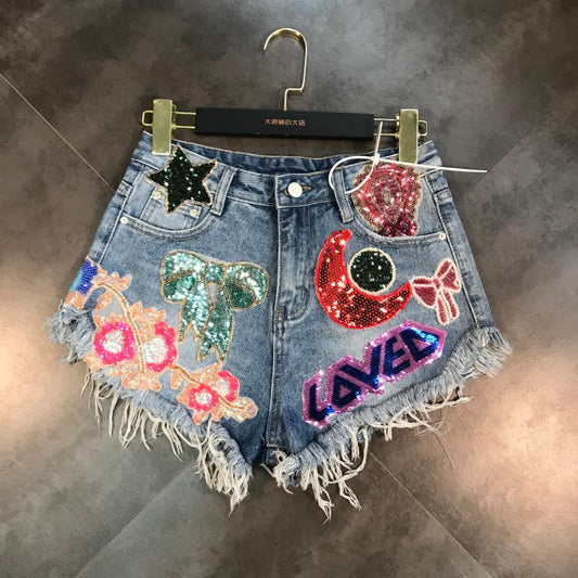 Sequins Embroidery Denim Shorts