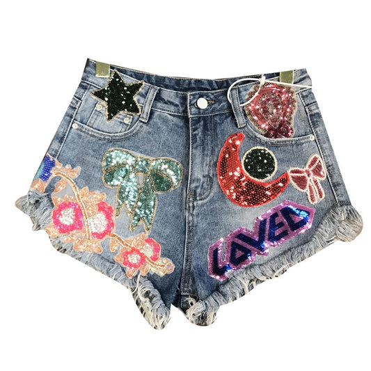 Sequins Embroidery Denim Shorts