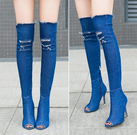 Ripped Over The Knee Jean Boots