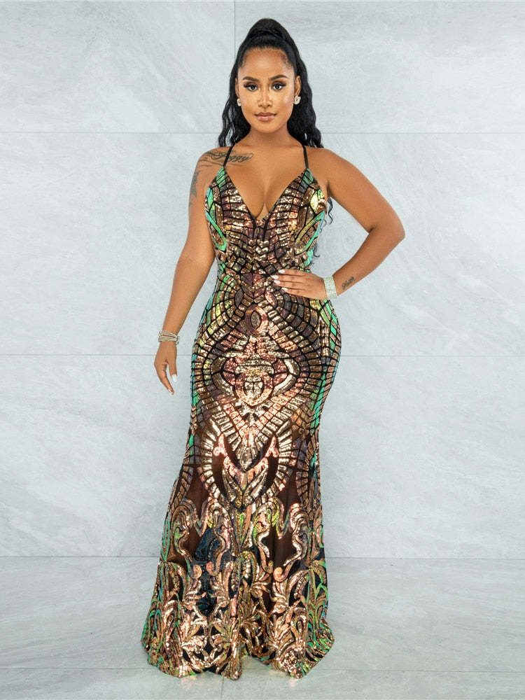 Long Deep V Neck Sequin Dress