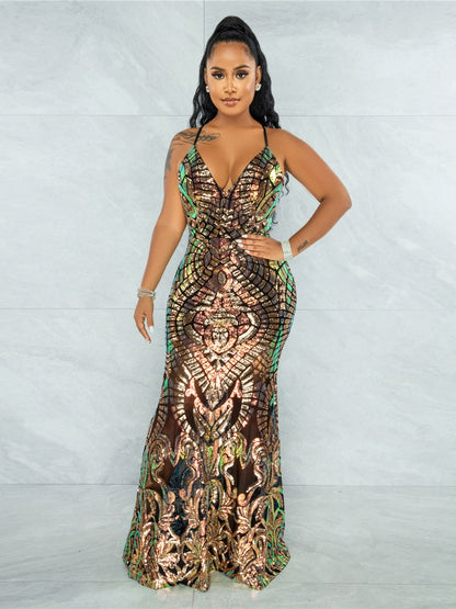 Long Deep V Neck Sequin Dress