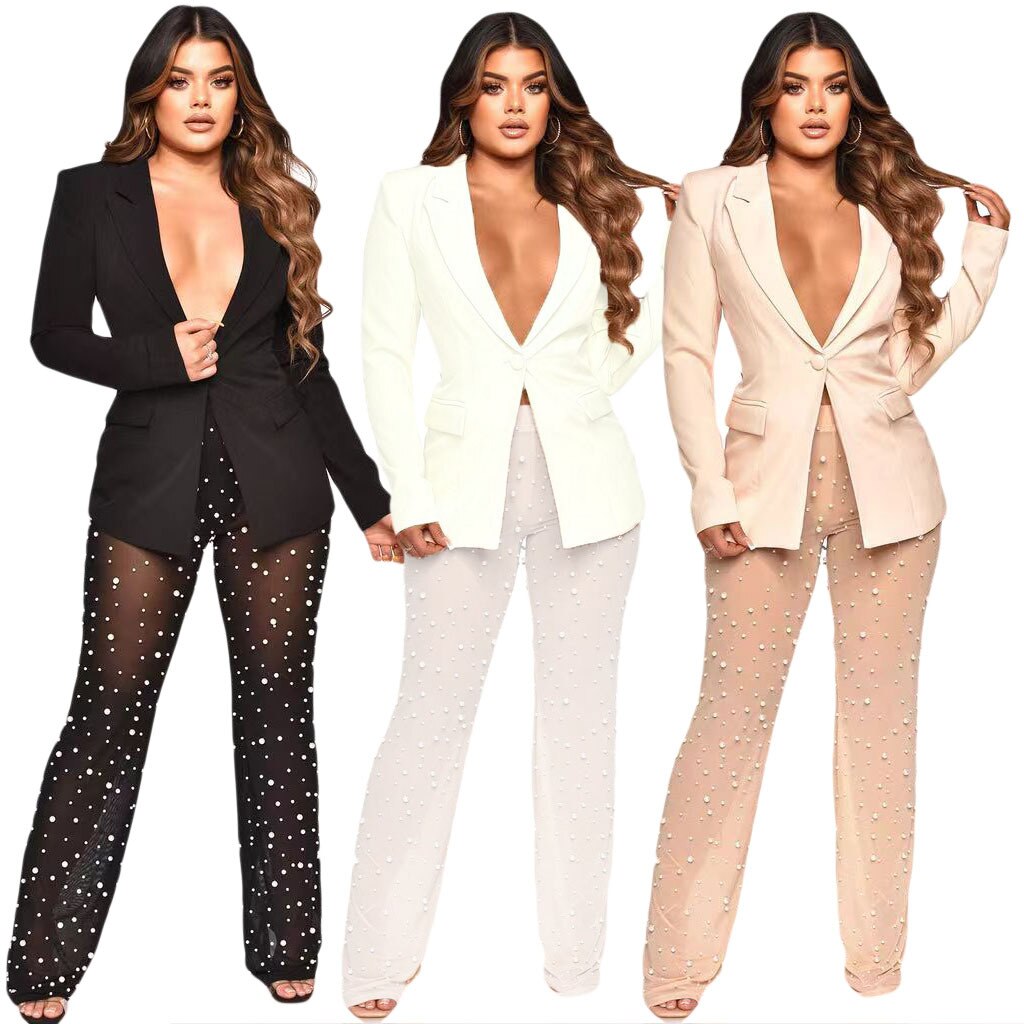 Instant Connection Blazer + Beading Sheer Mesh Pants Set