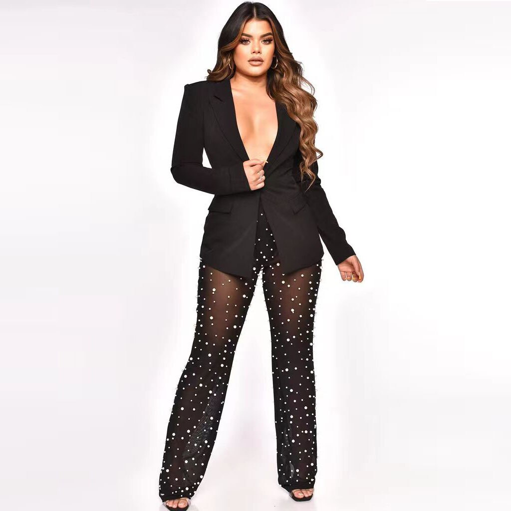 Instant Connection Blazer + Beading Sheer Mesh Pants Set