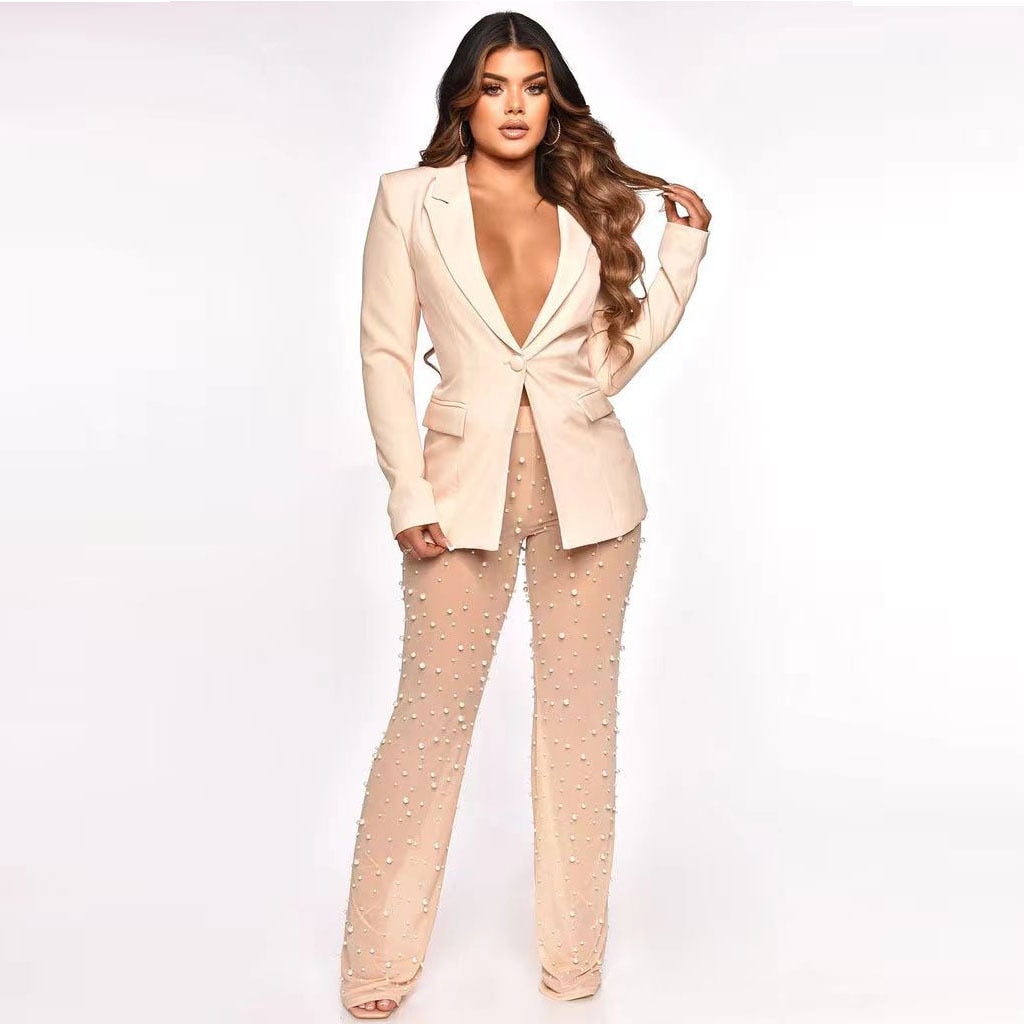 Instant Connection Blazer + Beading Sheer Mesh Pants Set