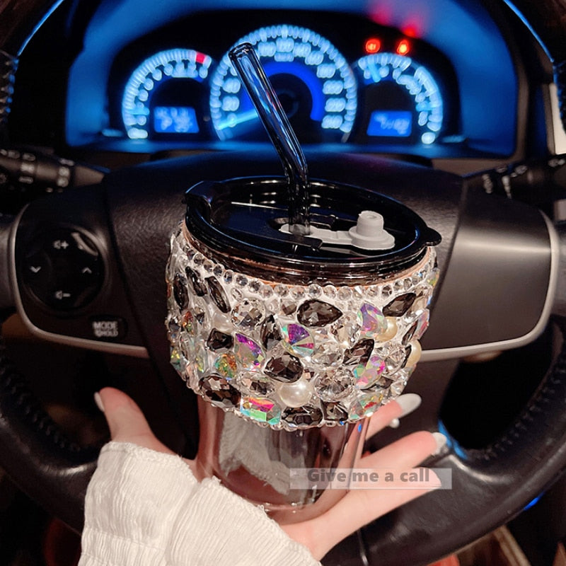 Rhinestones Straw Glass Cup