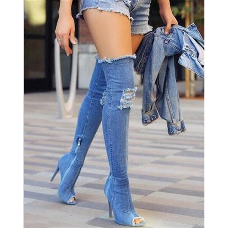 Ripped Over The Knee Jean Boots