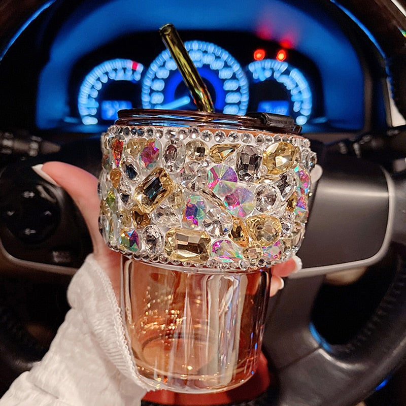 Rhinestones Straw Glass Cup