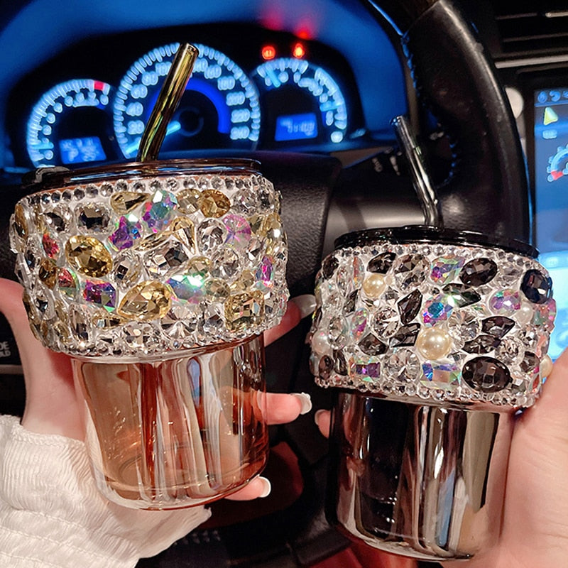 Rhinestones Straw Glass Cup