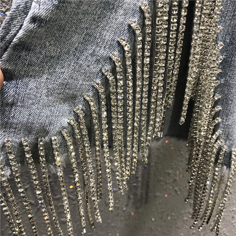 High-Waist Tassel Rhinestone Jeans