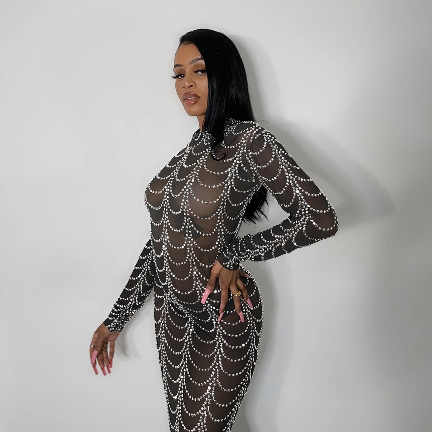 Bling Mesh Long Sleeve Bodycon Maxi Dress