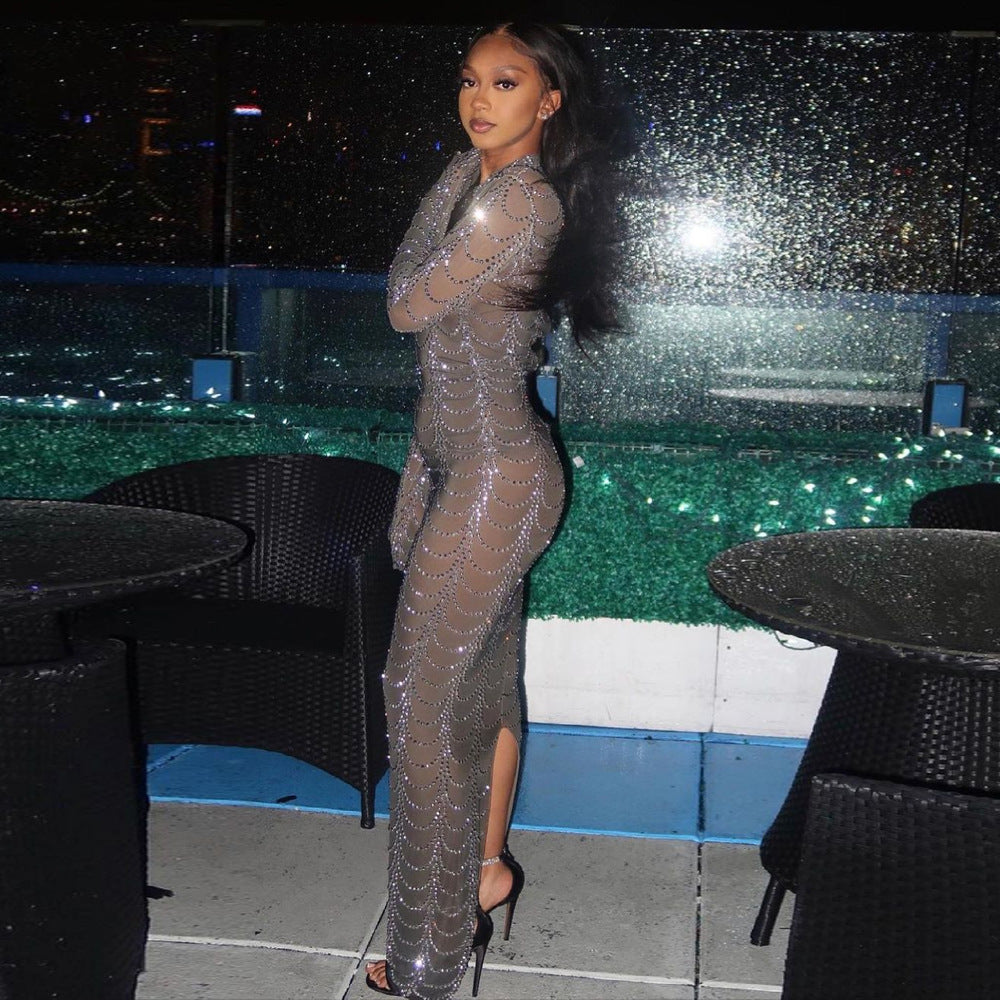 Bling Mesh Long Sleeve Bodycon Maxi Dress