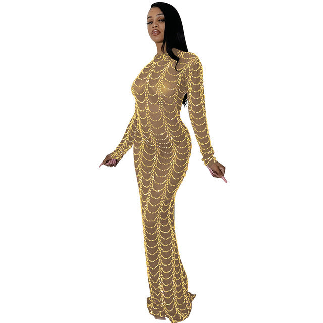 Bling Mesh Long Sleeve Bodycon Maxi Dress