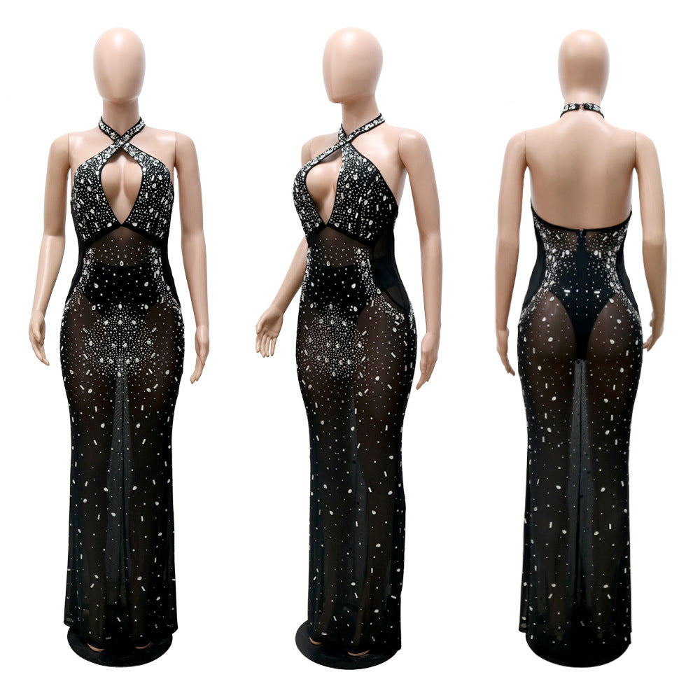 Cross Crystal Mesh Sheer Evening Dress