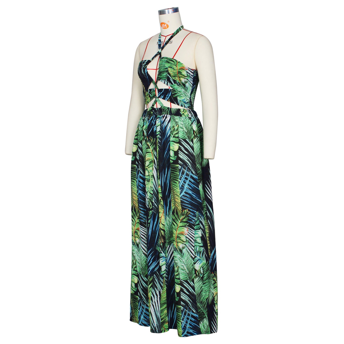 Tropical Print Backless Maxi Dress