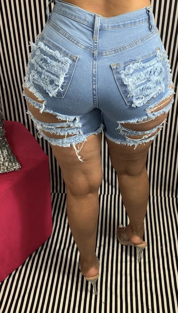 Dark/Light Blue Ripped Jean Shorts