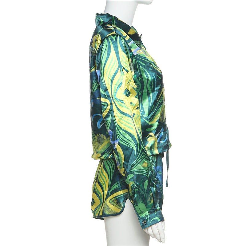 Green Printed Satin 2 Pcs Set