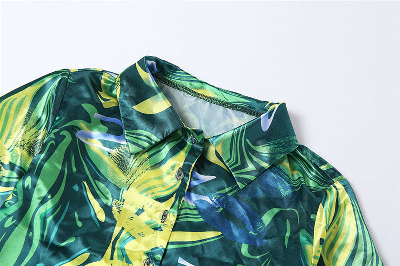 Green Printed Satin 2 Pcs Set